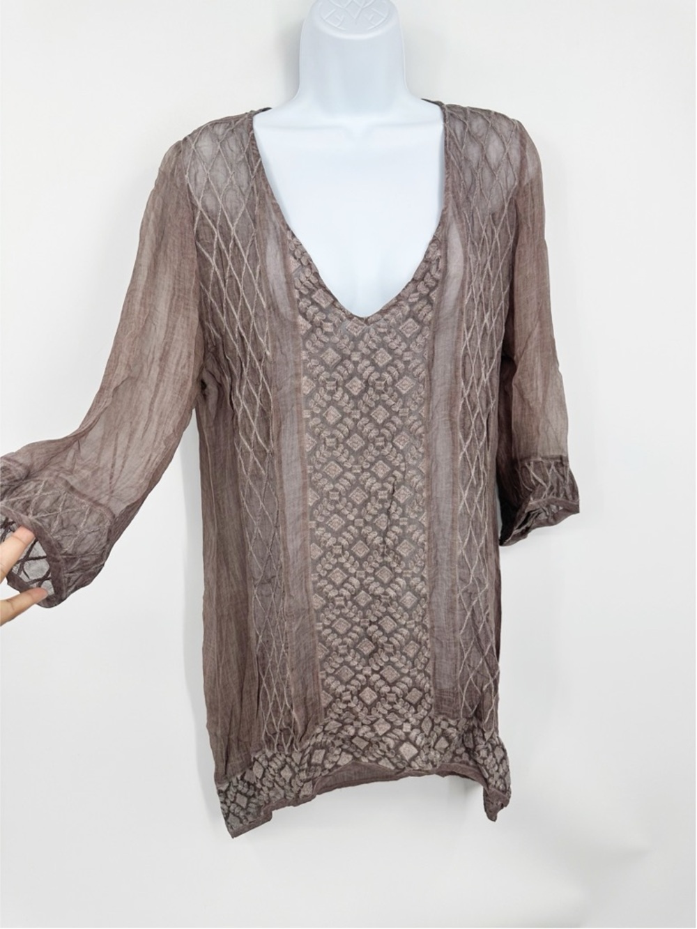 Vintage Y2k Brown Tunic Blouse Size Medium Boho Fairycore Lightweight V Neck